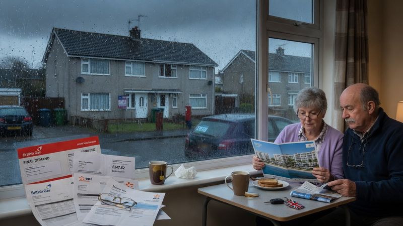 Rain running down the window of a British semi-detached house on a dark winter morning, grey sky, energy bill envelopes on the windowsill inside, moody natural light, editorial photography Market: UK, mid-market positioning. Visual conventions: British couples aged 55-70 in modest, modern Mediterranean apartments with sea-view terraces; Paralimni and eastern Cyprus coastline — white low-rise buildings, palm trees, calm blue sea; grey British winter scenes — semi-detached houses, rain on windows, energy bills; bright unpretentious terraces with morning coffee, reading glasses, believable furnishings; former British territory cues — familiar, English-speaking, drive-on-the-left setting. Avoid: ultra-luxury villas, yachts or champagne-gloss imagery, American visual conventions or settings, young models or brochure-perfect stock-photo poses. Style: editorial photography with natural light; warm, candid, aspirational but believable.