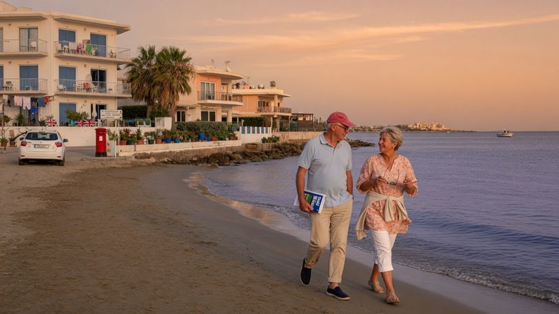 British couple in their sixties walking on a quiet Cyprus beach at golden sunset, calm Mediterranean sea, warm soft light, candid unposed editorial photography, aspirational but believable Market: UK, mid-market positioning. Visual conventions: British couples aged 55-70 in modest, modern Mediterranean apartments with sea-view terraces; Paralimni and eastern Cyprus coastline — white low-rise buildings, palm trees, calm blue sea; bright unpretentious terraces with morning coffee, reading glasses, believable furnishings; friendly British property advisers in tidy, real offices — not glossy corporate towers; former British territory cues — familiar, English-speaking, drive-on-the-left setting. Avoid: ultra-luxury villas, yachts or champagne-gloss imagery, American visual conventions or settings, young models or brochure-perfect stock-photo poses. Style: editorial photography with natural light; warm, candid, aspirational but believable.