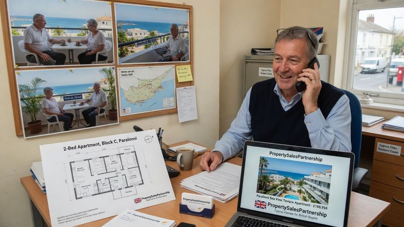 Friendly British property adviser in his fifties on a telephone call at a tidy desk, apartment floor plans and a laptop showing a Cyprus apartment listing beside him, warm natural office light, candid editorial photography BRAND NAME: The exact business name is "PropertySalesPartnership". Any text shown on vehicles, signage, uniforms, business cards, or branded items MUST read exactly "PropertySalesPartnership" — no variations, abbreviations, or creative spelling. Market: UK, mid-market positioning. Visual conventions: British couples aged 55-70 in modest, modern Mediterranean apartments with sea-view terraces; Paralimni and eastern Cyprus coastline — white low-rise buildings, palm trees, calm blue sea; bright unpretentious terraces with morning coffee, reading glasses, believable furnishings; friendly British property advisers in tidy, real offices — not glossy corporate towers; former British territory cues — familiar, English-speaking, drive-on-the-left setting. Avoid: ultra-luxury villas, yachts or champagne-gloss imagery, American visual conventions or settings, young models or brochure-perfect stock-photo poses. Style: editorial photography with natural light; warm, candid, aspirational but believable.