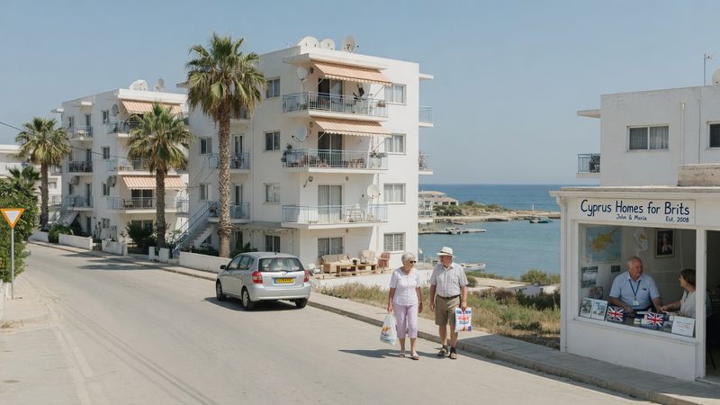 White low-rise apartment buildings with balconies and palm trees in Paralimni, Cyprus, a quiet street leading toward a calm blue sea, bright midday Mediterranean light, editorial photography Market: UK, mid-market positioning. Visual conventions: British couples aged 55-70 in modest, modern Mediterranean apartments with sea-view terraces; Paralimni and eastern Cyprus coastline — white low-rise buildings, palm trees, calm blue sea; bright unpretentious terraces with morning coffee, reading glasses, believable furnishings; friendly British property advisers in tidy, real offices — not glossy corporate towers; former British territory cues — familiar, English-speaking, drive-on-the-left setting. Avoid: ultra-luxury villas, yachts or champagne-gloss imagery, American visual conventions or settings, young models or brochure-perfect stock-photo poses. Style: editorial photography with natural light; warm, candid, aspirational but believable.