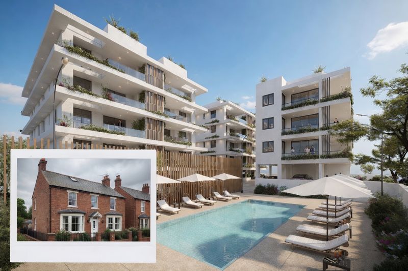Modern low-rise Mediterranean apartment complex in Paralimni Cyprus with white buildings, palm trees and a communal swimming pool, bright daylight, editorial property photography Market: UK, mid-market positioning. Visual conventions: British couples aged 55-70 in modest, modern Mediterranean apartments with sea-view terraces; Paralimni and eastern Cyprus coastline — white low-rise buildings, palm trees, calm blue sea; grey British winter scenes — semi-detached houses, rain on windows, energy bills; bright unpretentious terraces with morning coffee, reading glasses, believable furnishings; former British territory cues — familiar, English-speaking, drive-on-the-left setting. Avoid: ultra-luxury villas, yachts or champagne-gloss imagery, American visual conventions or settings, young models or brochure-perfect stock-photo poses. Style: editorial photography with natural light; warm, candid, aspirational but believable.