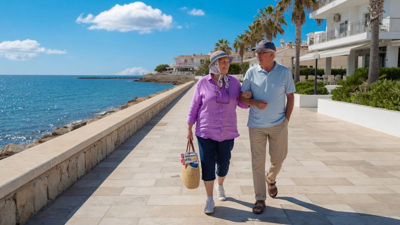 British couple in their sixties walking along a sandy beach on the eastern Cyprus coast at golden hour, calm sea, warm low sunlight, candid editorial photography Market: UK, mid-market positioning. Visual conventions: British couples aged 55-70 in modest, modern Mediterranean apartments with sea-view terraces; Paralimni and eastern Cyprus coastline — white low-rise buildings, palm trees, calm blue sea; grey British winter scenes — semi-detached houses, rain on windows, energy bills; bright unpretentious terraces with morning coffee, reading glasses, believable furnishings; former British territory cues — familiar, English-speaking, drive-on-the-left setting. Avoid: ultra-luxury villas, yachts or champagne-gloss imagery, American visual conventions or settings, young models or brochure-perfect stock-photo poses. Style: editorial photography with natural light; warm, candid, aspirational but believable.