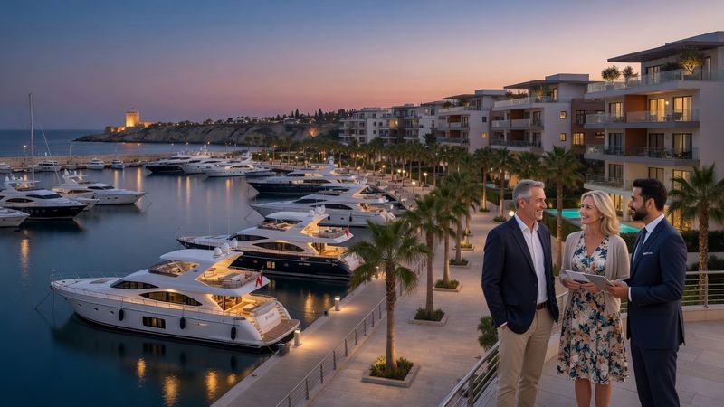 Limassol marina in Cyprus at dusk, luxury yachts moored along a palm-lined promenade, warm lights reflecting on calm water, premium Mediterranean atmosphere Market: UAE / Middle East investors purchasing Cyprus property, premium positioning. Visual conventions: modern Cyprus villas with clean concrete lines, private pools and Mediterranean landscaping; sea-view apartment interiors with floor-to-ceiling windows overlooking the Mediterranean; professional investment advisors in smart business attire, not casual wear; international investors including Middle Eastern professionals and families in consultation settings; Paphos and Limassol coastal scenery — marinas, palm-lined promenades, limestone cliffs. Avoid: American suburban housing, dated or rustic interiors, cold or overcast climates, budget or distressed property aesthetics. Style: editorial real-estate photography with warm natural Mediterranean light, clean composition, premium minimal styling.