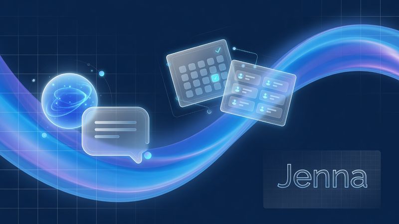 Abstract wide banner artwork of flowing luminous blue gradient waves and fine grid lines on deep navy, calm premium futuristic technology aesthetic, no people, no text BRAND NAME: The exact business name is "Jenna". Any text shown on vehicles, signage, uniforms, business cards, or branded items MUST read exactly "Jenna" — no variations, abbreviations, or creative spelling. Market: US, premium positioning. Visual conventions: abstract futuristic 3D icon-style illustrations only — glowing blue orbs, chat bubbles, calendar and CRM interface motifs; deep navy and electric blue palette with soft neon glows, glassy surfaces, and fine grid lines; premium minimal SaaS aesthetic inspired by top-tier Silicon Valley product launches; no photographs of people, agents, houses, or physical objects anywhere. Avoid: photographs of real people, photorealistic houses or interiors, stock-photo business imagery, text or words rendered inside images. Style: minimalist 3D icon illustration with soft glow, glass morphism, and gradient depth on dark navy.