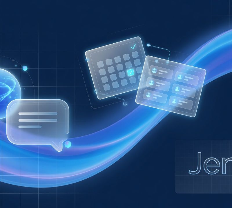 Abstract wide banner artwork of flowing luminous blue gradient waves and fine grid lines on deep navy, calm premium futuristic technology aesthetic, no people, no text BRAND NAME: The exact business name is "Jenna". Any text shown on vehicles, signage, uniforms, business cards, or branded items MUST read exactly "Jenna" — no variations, abbreviations, or creative spelling. Market: US, premium positioning. Visual conventions: abstract futuristic 3D icon-style illustrations only — glowing blue orbs, chat bubbles, calendar and CRM interface motifs; deep navy and electric blue palette with soft neon glows, glassy surfaces, and fine grid lines; premium minimal SaaS aesthetic inspired by top-tier Silicon Valley product launches; no photographs of people, agents, houses, or physical objects anywhere. Avoid: photographs of real people, photorealistic houses or interiors, stock-photo business imagery, text or words rendered inside images. Style: minimalist 3D icon illustration with soft glow, glass morphism, and gradient depth on dark navy.
