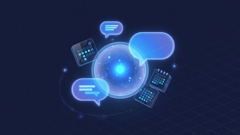 Minimalist 3D icon-style illustration of a glowing blue AI assistant orb surrounded by orbiting chat bubbles and calendar icons, dark navy background, soft neon glow, futuristic SaaS aesthetic, no people, no text Market: US, premium positioning. Visual conventions: abstract futuristic 3D icon-style illustrations only — glowing blue orbs, chat bubbles, calendar and CRM interface motifs; deep navy and electric blue palette with soft neon glows, glassy surfaces, and fine grid lines; premium minimal SaaS aesthetic inspired by top-tier Silicon Valley product launches; no photographs of people, agents, houses, or physical objects anywhere. Avoid: photographs of real people, photorealistic houses or interiors, stock-photo business imagery, text or words rendered inside images. Style: minimalist 3D icon illustration with soft glow, glass morphism, and gradient depth on dark navy.