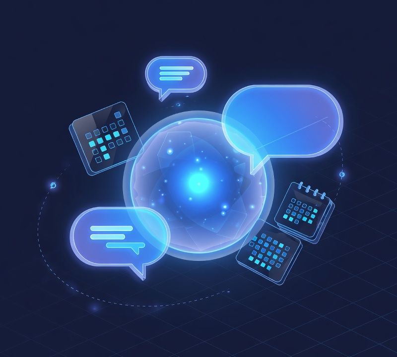 Minimalist 3D icon-style illustration of a glowing blue AI assistant orb surrounded by orbiting chat bubbles and calendar icons, dark navy background, soft neon glow, futuristic SaaS aesthetic, no people, no text Market: US, premium positioning. Visual conventions: abstract futuristic 3D icon-style illustrations only — glowing blue orbs, chat bubbles, calendar and CRM interface motifs; deep navy and electric blue palette with soft neon glows, glassy surfaces, and fine grid lines; premium minimal SaaS aesthetic inspired by top-tier Silicon Valley product launches; no photographs of people, agents, houses, or physical objects anywhere. Avoid: photographs of real people, photorealistic houses or interiors, stock-photo business imagery, text or words rendered inside images. Style: minimalist 3D icon illustration with soft glow, glass morphism, and gradient depth on dark navy.