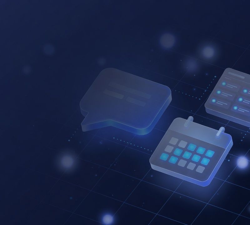Abstract futuristic dark navy background artwork with glowing blue grid lines, soft light orbs and gentle depth-of-field bokeh, premium minimal SaaS aesthetic, no people, no text Market: US, premium positioning. Visual conventions: abstract futuristic 3D icon-style illustrations only — glowing blue orbs, chat bubbles, calendar and CRM interface motifs; deep navy and electric blue palette with soft neon glows, glassy surfaces, and fine grid lines; premium minimal SaaS aesthetic inspired by top-tier Silicon Valley product launches; no photographs of people, agents, houses, or physical objects anywhere. Avoid: photographs of real people, photorealistic houses or interiors, stock-photo business imagery, text or words rendered inside images. Style: minimalist 3D icon illustration with soft glow, glass morphism, and gradient depth on dark navy.