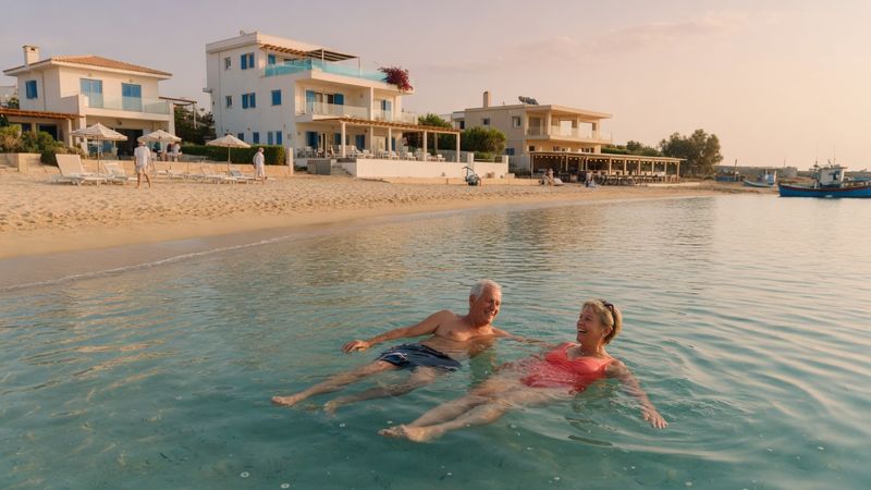 Active senior couple swimming in clear turquoise Mediterranean sea off a sandy Cyprus beach, late afternoon golden light Market: UK, premium positioning. Visual conventions: British couples aged 55-75 relaxing on sunny Mediterranean apartment terraces; modern new-build Cyprus apartments and villas in Paralimni and Protaras with sea views and pools; harbour-side taverna dinners at dusk with fishing boats and warm string lights; golden-hour coastal lifestyle — sea swimming, promenade walks, morning coffee outdoors; airy Mediterranean interiors in whites, sand and sea-blue tones. Avoid: American visual conventions, urgency or salesy graphics, young backpacker or party imagery. Style: editorial Sunday-supplement property photography with natural golden light.