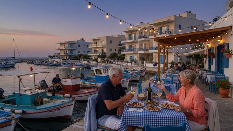 Couple enjoying dinner at a harbour-side taverna in Protaras Cyprus at dusk, fishing boats in the marina, warm string lights, Mediterranean evening Market: UK, premium positioning. Visual conventions: British couples aged 55-75 relaxing on sunny Mediterranean apartment terraces; modern new-build Cyprus apartments and villas in Paralimni and Protaras with sea views and pools; harbour-side taverna dinners at dusk with fishing boats and warm string lights; golden-hour coastal lifestyle — sea swimming, promenade walks, morning coffee outdoors; airy Mediterranean interiors in whites, sand and sea-blue tones. Avoid: American visual conventions, urgency or salesy graphics, young backpacker or party imagery. Style: editorial Sunday-supplement property photography with natural golden light.