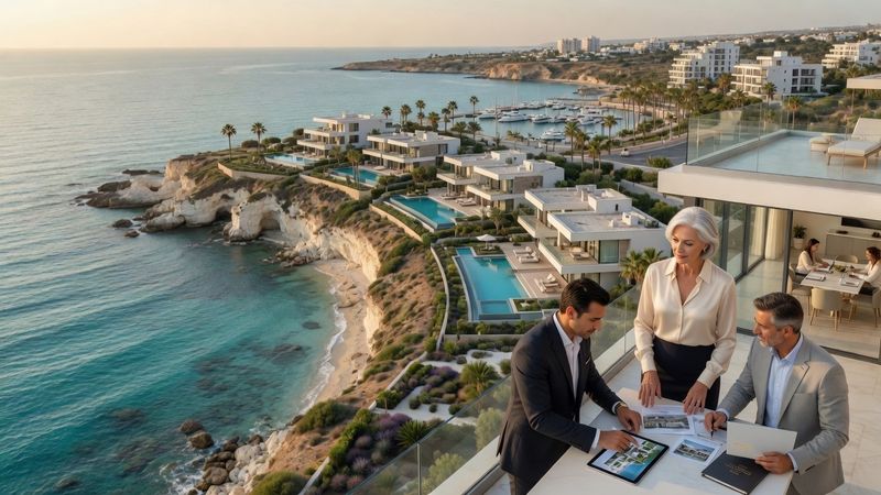 Aerial panoramic photograph of the Paphos coastline in Cyprus, turquoise Mediterranean sea, white limestone cliffs, luxury villas along the shore, golden late-afternoon light Market: UAE / Middle East investors purchasing Cyprus property, premium positioning. Visual conventions: modern Cyprus villas with clean concrete lines, private pools and Mediterranean landscaping; sea-view apartment interiors with floor-to-ceiling windows overlooking the Mediterranean; professional investment advisors in smart business attire, not casual wear; international investors including Middle Eastern professionals and families in consultation settings; Paphos and Limassol coastal scenery — marinas, palm-lined promenades, limestone cliffs. Avoid: American suburban housing, dated or rustic interiors, cold or overcast climates, budget or distressed property aesthetics. Style: editorial real-estate photography with warm natural Mediterranean light, clean composition, premium minimal styling.