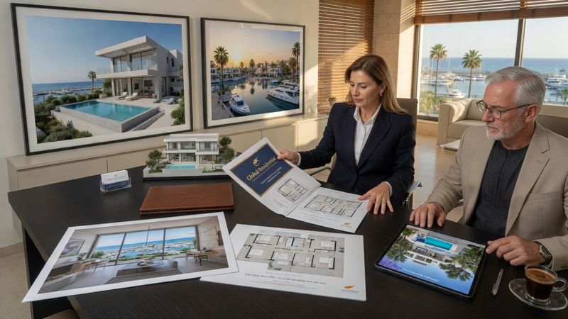 Professional real estate investment advisor in a smart blazer presenting a property brochure and floor plans to an international client across a modern desk, warm natural office light BRAND NAME: The exact business name is "Global Residential". Any text shown on vehicles, signage, uniforms, business cards, or branded items MUST read exactly "Global Residential" — no variations, abbreviations, or creative spelling. Market: UAE / Middle East investors purchasing Cyprus property, premium positioning. Visual conventions: modern Cyprus villas with clean concrete lines, private pools and Mediterranean landscaping; sea-view apartment interiors with floor-to-ceiling windows overlooking the Mediterranean; professional investment advisors in smart business attire, not casual wear; international investors including Middle Eastern professionals and families in consultation settings; Paphos and Limassol coastal scenery — marinas, palm-lined promenades, limestone cliffs. Avoid: American suburban housing, dated or rustic interiors, cold or overcast climates, budget or distressed property aesthetics. Style: editorial real-estate photography with warm natural Mediterranean light, clean composition, premium minimal styling.