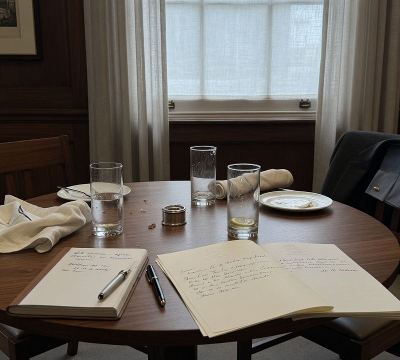 A small round table after a private dinner, linen napkins and water glasses, muted slightly desaturated tones, low warm light, candid editorial photography Market: UK, premium positioning. Visual conventions: quiet London boardrooms and private members' dining rooms with walnut tables and natural window light; senior British professionals in understated business dress, candid mid-conversation moments; editorial still lifes: handwritten letters, fountain pens, a glass of water on a boardroom table; London streets in soft daylight, muted and slightly desaturated. Avoid: stock handshakes and people pointing at laptops, night skylines, abstract network graphics, robots or AI iconography, passports, flags, loud colours or luxury-travel styling. Style: candid editorial photography in muted, slightly desaturated colour with natural light; private-bank restraint.