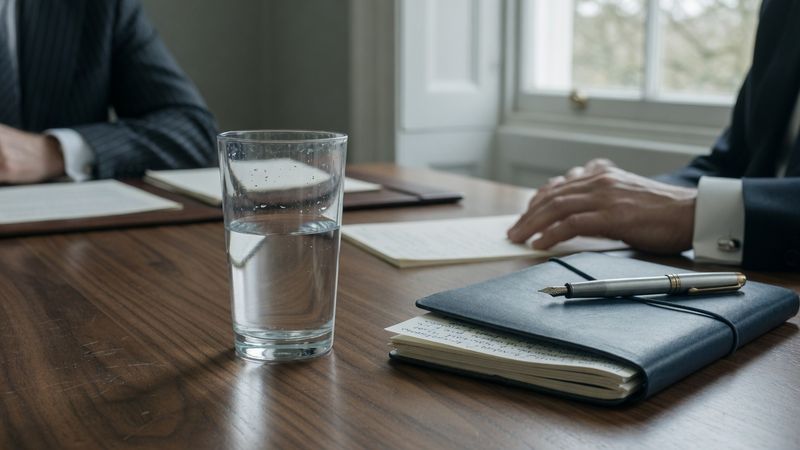 A glass of water on a wooden boardroom table beside a folded notebook, muted slightly desaturated colour, soft natural light, shallow depth of field, editorial still life Market: UK, premium positioning. Visual conventions: quiet London boardrooms and private members' dining rooms with walnut tables and natural window light; senior British professionals in understated business dress, candid mid-conversation moments; editorial still lifes: handwritten letters, fountain pens, a glass of water on a boardroom table; London streets in soft daylight, muted and slightly desaturated. Avoid: stock handshakes and people pointing at laptops, night skylines, abstract network graphics, robots or AI iconography, passports, flags, loud colours or luxury-travel styling. Style: candid editorial photography in muted, slightly desaturated colour with natural light; private-bank restraint.