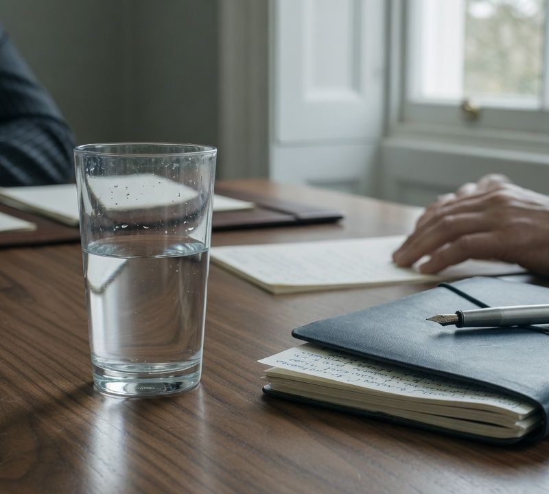 A glass of water on a wooden boardroom table beside a folded notebook, muted slightly desaturated colour, soft natural light, shallow depth of field, editorial still life Market: UK, premium positioning. Visual conventions: quiet London boardrooms and private members' dining rooms with walnut tables and natural window light; senior British professionals in understated business dress, candid mid-conversation moments; editorial still lifes: handwritten letters, fountain pens, a glass of water on a boardroom table; London streets in soft daylight, muted and slightly desaturated. Avoid: stock handshakes and people pointing at laptops, night skylines, abstract network graphics, robots or AI iconography, passports, flags, loud colours or luxury-travel styling. Style: candid editorial photography in muted, slightly desaturated colour with natural light; private-bank restraint.