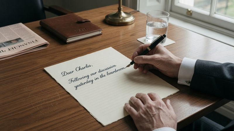 A hand writing a letter with a fountain pen on laid paper, wooden desk, muted slightly desaturated tones, soft natural window light, editorial still life photography Market: UK, premium positioning. Visual conventions: quiet London boardrooms and private members' dining rooms with walnut tables and natural window light; senior British professionals in understated business dress, candid mid-conversation moments; editorial still lifes: handwritten letters, fountain pens, a glass of water on a boardroom table; London streets in soft daylight, muted and slightly desaturated. Avoid: stock handshakes and people pointing at laptops, night skylines, abstract network graphics, robots or AI iconography, passports, flags, loud colours or luxury-travel styling. Style: candid editorial photography in muted, slightly desaturated colour with natural light; private-bank restraint.