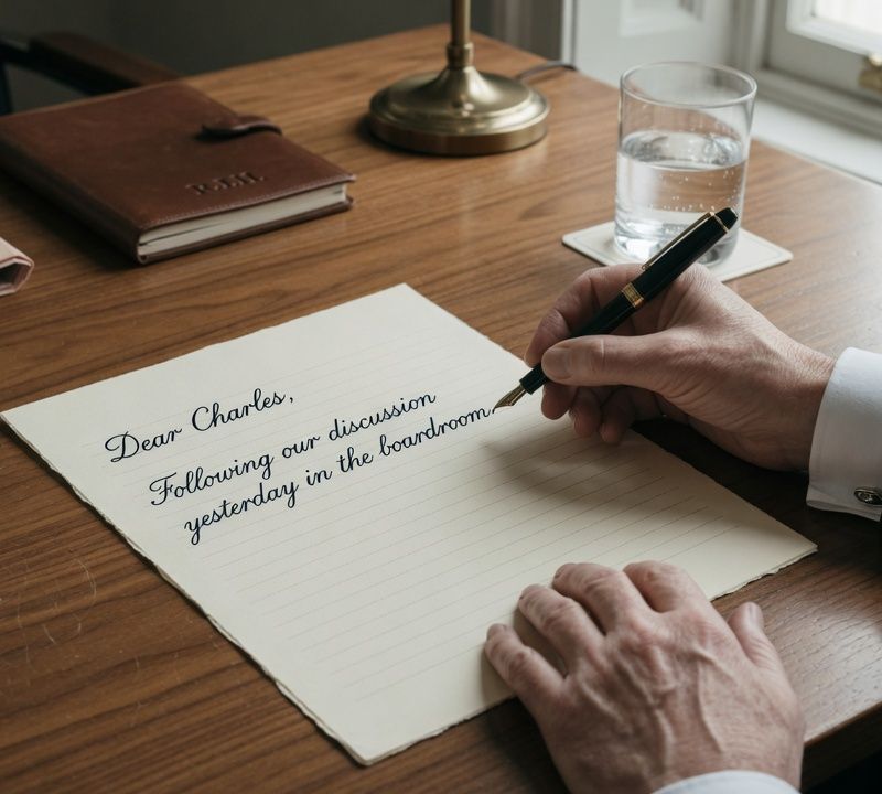 A hand writing a letter with a fountain pen on laid paper, wooden desk, muted slightly desaturated tones, soft natural window light, editorial still life photography Market: UK, premium positioning. Visual conventions: quiet London boardrooms and private members' dining rooms with walnut tables and natural window light; senior British professionals in understated business dress, candid mid-conversation moments; editorial still lifes: handwritten letters, fountain pens, a glass of water on a boardroom table; London streets in soft daylight, muted and slightly desaturated. Avoid: stock handshakes and people pointing at laptops, night skylines, abstract network graphics, robots or AI iconography, passports, flags, loud colours or luxury-travel styling. Style: candid editorial photography in muted, slightly desaturated colour with natural light; private-bank restraint.