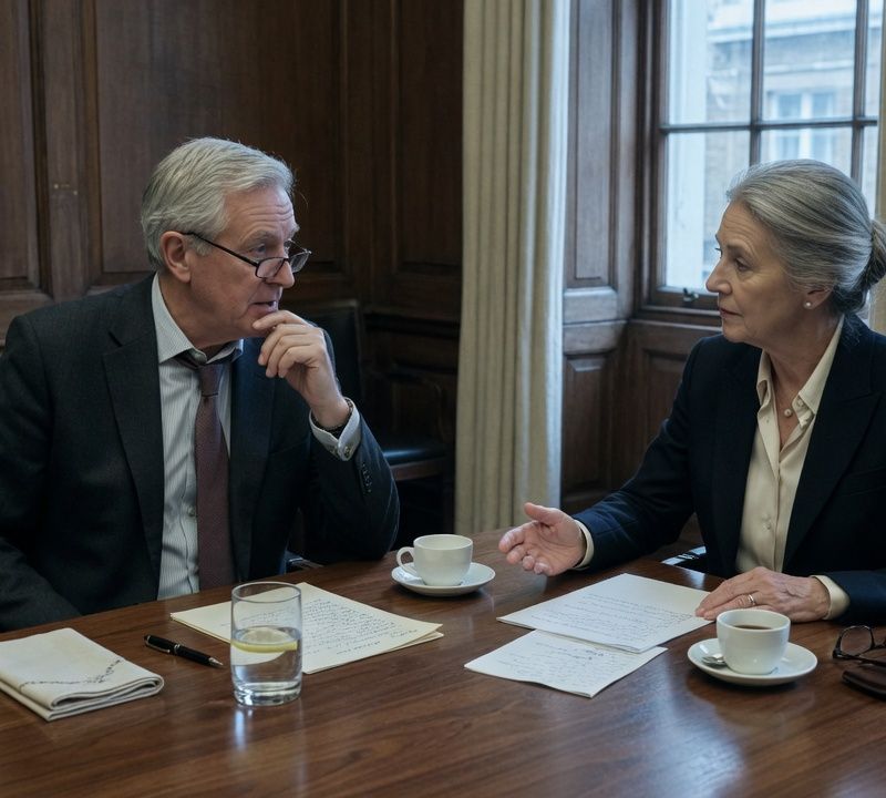 Two senior professionals in quiet conversation across a walnut table in a wood-panelled private meeting room in London, dark low-key tones, muted slightly desaturated colour, soft natural window light, candid editorial photography Market: UK, premium positioning. Visual conventions: quiet London boardrooms and private members' meeting rooms with walnut tables and natural window light; senior British professionals in understated business dress, candid mid-conversation moments; editorial still lifes: handwritten letters, fountain pens, a glass of water on a boardroom table; private dining rooms set for two, low warm light, linen and glassware; London streets and interiors in soft daylight, muted and slightly desaturated. Avoid: stock handshakes and people pointing at laptops, night skylines and abstract network graphics, robots, AI iconography, passports, flags, loud colours or luxury-travel styling. Style: candid editorial photography in muted, slightly desaturated colour with natural light; private-bank restraint.