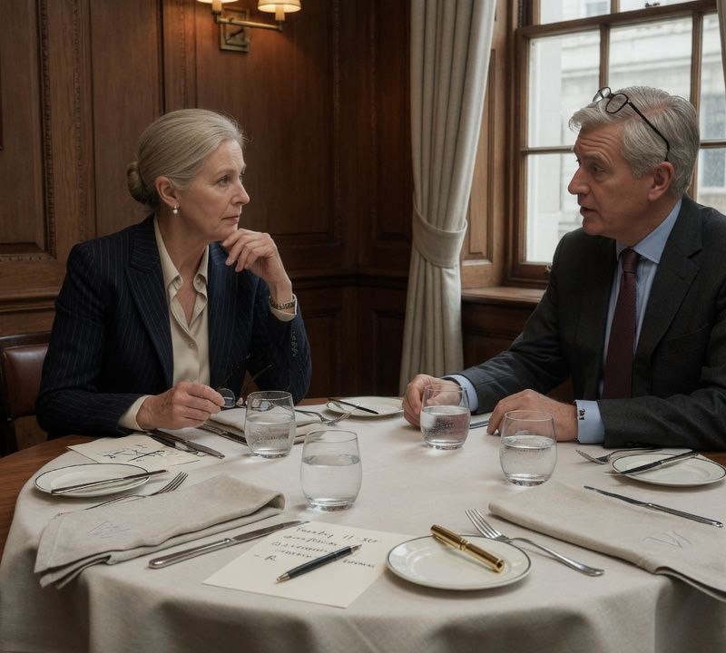 A small round dining table set for two with linen napkins and water glasses in a private dining room, low warm light, muted slightly desaturated tones, candid editorial photography Market: UK, premium positioning. Visual conventions: quiet London boardrooms and private members' meeting rooms with walnut tables and natural window light; senior British professionals in understated business dress, candid mid-conversation moments; editorial still lifes: handwritten letters, fountain pens, a glass of water on a boardroom table; private dining rooms set for two, low warm light, linen and glassware; London streets and interiors in soft daylight, muted and slightly desaturated. Avoid: stock handshakes and people pointing at laptops, night skylines and abstract network graphics, robots, AI iconography, passports, flags, loud colours or luxury-travel styling. Style: candid editorial photography in muted, slightly desaturated colour with natural light; private-bank restraint.