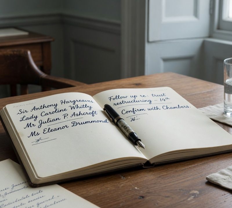 An open notebook with handwritten names and a fountain pen on a wooden desk beside a glass of water, soft natural light, muted slightly desaturated tones, editorial still life photography Market: UK, premium positioning. Visual conventions: quiet London boardrooms and private members' meeting rooms with walnut tables and natural window light; senior British professionals in understated business dress, candid mid-conversation moments; editorial still lifes: handwritten letters, fountain pens, a glass of water on a boardroom table; private dining rooms set for two, low warm light, linen and glassware; London streets and interiors in soft daylight, muted and slightly desaturated. Avoid: stock handshakes and people pointing at laptops, night skylines and abstract network graphics, robots, AI iconography, passports, flags, loud colours or luxury-travel styling. Style: candid editorial photography in muted, slightly desaturated colour with natural light; private-bank restraint.