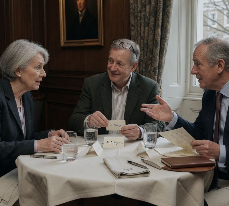 Senior professionals in understated business dress mid-conversation around a small round dinner table with linen and water glasses, low warm natural light, muted slightly desaturated colour, candid editorial photography Market: UK, premium positioning. Visual conventions: quiet London private members' dining rooms and boardrooms with walnut tables, linen and natural window light; senior British professionals in understated business dress, candid mid-conversation moments; editorial still lifes: handwritten letters, fountain pens, place cards, a glass of water on a boardroom table; London townhouse streets and doorways in soft overcast daylight, muted and slightly desaturated. Avoid: stock handshakes and people pointing at laptops, night skylines, abstract network graphics, robots or AI iconography, loud colours, luxury-travel styling, passports or flags. Style: candid editorial photography in muted, slightly desaturated colour with natural light; private-bank restraint.