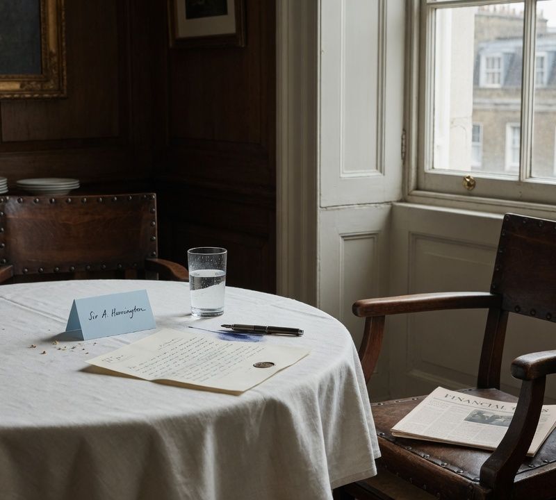 An empty wooden chair at a small round table with a linen cloth beside a tall window, soft daylight, muted slightly desaturated tones, quiet editorial still life photography Market: UK, premium positioning. Visual conventions: quiet London private members' dining rooms and boardrooms with walnut tables, linen and natural window light; senior British professionals in understated business dress, candid mid-conversation moments; editorial still lifes: handwritten letters, fountain pens, place cards, a glass of water on a boardroom table; London townhouse streets and doorways in soft overcast daylight, muted and slightly desaturated. Avoid: stock handshakes and people pointing at laptops, night skylines, abstract network graphics, robots or AI iconography, loud colours, luxury-travel styling, passports or flags. Style: candid editorial photography in muted, slightly desaturated colour with natural light; private-bank restraint.