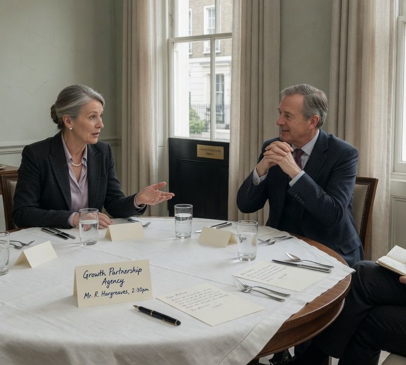 A private dining room prepared for a small gathering, a round table with pressed linen, water glasses and a single handwritten place card, soft natural window light, muted slightly desaturated colour, editorial photography BRAND NAME: The exact business name is "Growth Partnership Agency". Any text shown on vehicles, signage, uniforms, business cards, or branded items MUST read exactly "Growth Partnership Agency" — no variations, abbreviations, or creative spelling. Market: UK, premium positioning. Visual conventions: quiet London private members' dining rooms and boardrooms with walnut tables, linen and natural window light; senior British professionals in understated business dress, candid mid-conversation moments; editorial still lifes: handwritten letters, fountain pens, place cards, a glass of water on a boardroom table; London townhouse streets and doorways in soft overcast daylight, muted and slightly desaturated. Avoid: stock handshakes and people pointing at laptops, night skylines, abstract network graphics, robots or AI iconography, loud colours, luxury-travel styling, passports or flags. Style: candid editorial photography in muted, slightly desaturated colour with natural light; private-bank restraint.