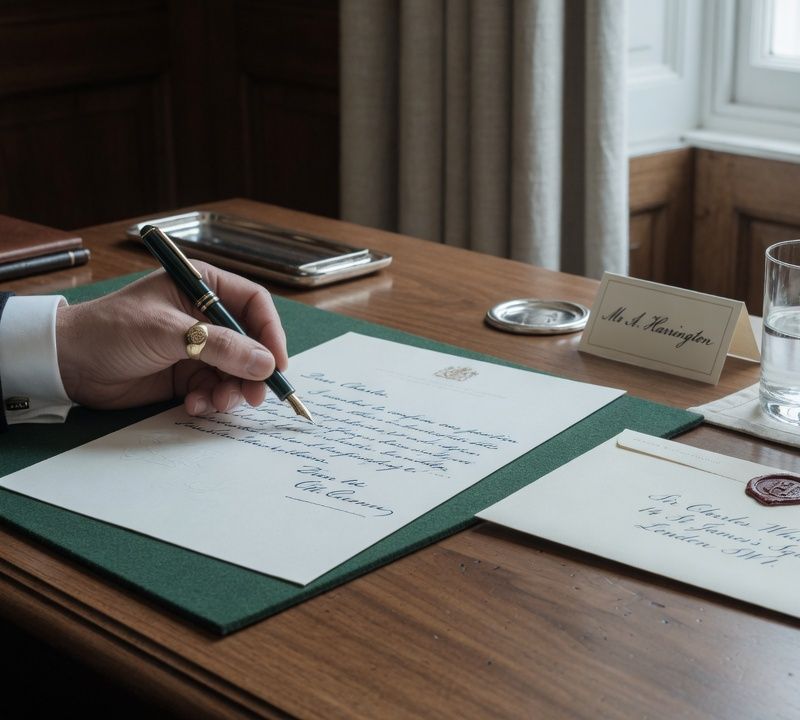 A hand writing a letter with a fountain pen on laid paper, a sealed envelope on a walnut desk beside it, soft natural window light, muted slightly desaturated tones, editorial still life photography Market: UK, premium positioning. Visual conventions: quiet London private members' dining rooms and boardrooms with walnut tables, linen and natural window light; senior British professionals in understated business dress, candid mid-conversation moments; editorial still lifes: handwritten letters, fountain pens, place cards, a glass of water on a boardroom table; London townhouse streets and doorways in soft overcast daylight, muted and slightly desaturated. Avoid: stock handshakes and people pointing at laptops, night skylines, abstract network graphics, robots or AI iconography, loud colours, luxury-travel styling, passports or flags. Style: candid editorial photography in muted, slightly desaturated colour with natural light; private-bank restraint.