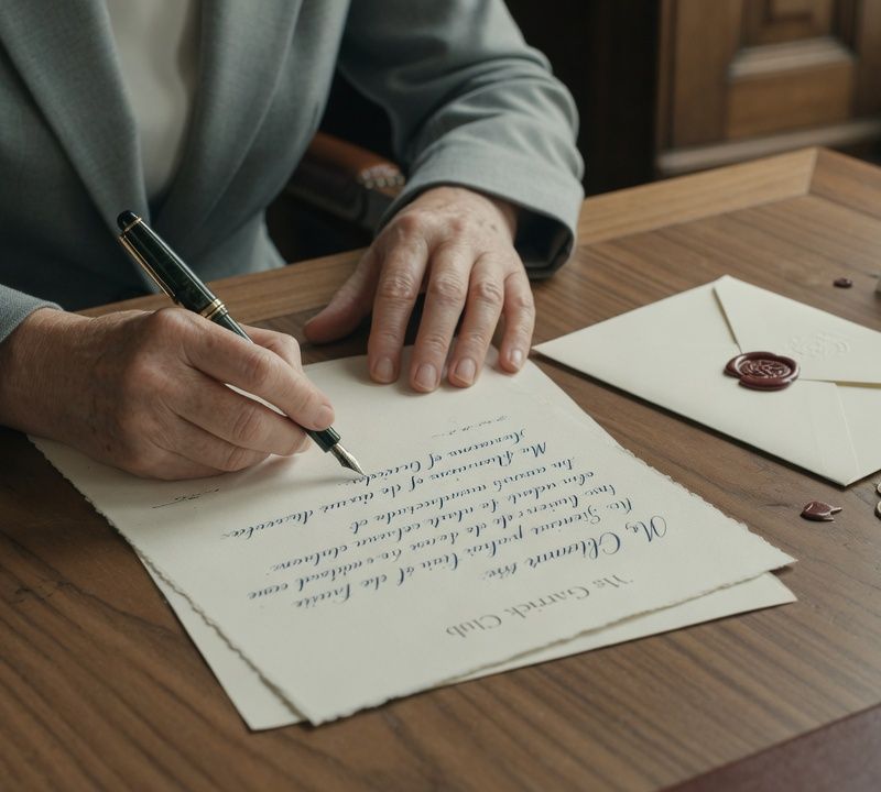 A hand writing a named invitation with a fountain pen on laid paper, a sealed envelope beside it on a wooden desk, muted slightly desaturated tones, soft natural window light, editorial still life Market: UK, premium positioning. Visual conventions: quiet London boardrooms and private members' dining rooms with walnut tables and natural window light; senior British professionals in understated business dress, candid mid-conversation moments around small dinner tables; editorial still lifes: handwritten invitations, fountain pens, name cards, a glass of water on a boardroom table; private-bank restraint: muted, slightly desaturated colour, natural light, no visible technology. Avoid: stock handshakes and people pointing at laptops, night skylines, abstract network graphics, robots or AI iconography, passports, flags, loud colours or venue-luxury styling. Style: candid editorial photography in muted, slightly desaturated colour with natural light; private-bank restraint.