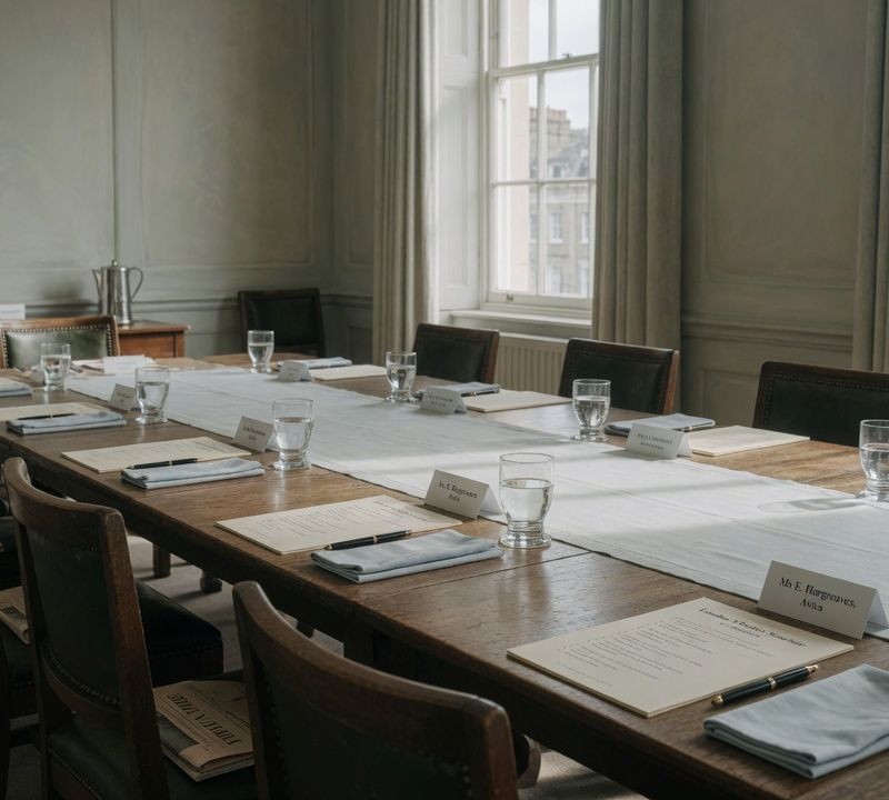 A long boardroom table prepared before a convened seminar, water glasses and a printed agenda at each place, empty chairs, muted desaturated tones, soft daylight through tall windows, editorial still life, London Market: UK, premium positioning. Visual conventions: quiet London boardrooms and private members' dining rooms with walnut tables and natural window light; senior British professionals in understated business dress, candid mid-conversation moments around small dinner tables; editorial still lifes: handwritten invitations, fountain pens, name cards, a glass of water on a boardroom table; private-bank restraint: muted, slightly desaturated colour, natural light, no visible technology. Avoid: stock handshakes and people pointing at laptops, night skylines, abstract network graphics, robots or AI iconography, passports, flags, loud colours or venue-luxury styling. Style: candid editorial photography in muted, slightly desaturated colour with natural light; private-bank restraint.