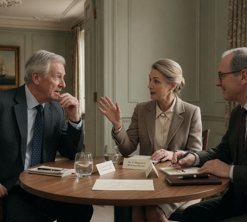 Senior professionals mid-conversation around a small round dinner table, understated business dress, muted slightly desaturated colour, warm low natural light, candid editorial photography, London Market: UK, premium positioning. Visual conventions: quiet London boardrooms and private members' dining rooms with walnut tables and natural window light; senior British professionals in understated business dress, candid mid-conversation moments around small dinner tables; editorial still lifes: handwritten invitations, fountain pens, name cards, a glass of water on a boardroom table; private-bank restraint: muted, slightly desaturated colour, natural light, no visible technology. Avoid: stock handshakes and people pointing at laptops, night skylines, abstract network graphics, robots or AI iconography, passports, flags, loud colours or venue-luxury styling. Style: candid editorial photography in muted, slightly desaturated colour with natural light; private-bank restraint.