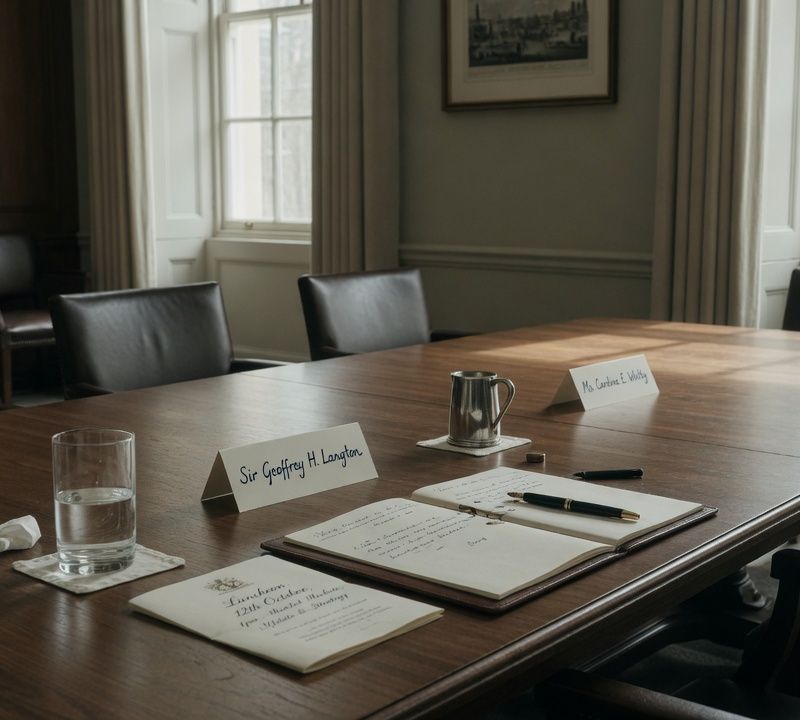 An empty boardroom after a meeting has ended, chairs slightly turned, a glass of water on the table, muted desaturated colour, soft daylight, editorial still life, London Market: UK, premium positioning. Visual conventions: quiet London boardrooms and private members' dining rooms with walnut tables and natural window light; senior British professionals in understated business dress, candid mid-conversation moments around small dinner tables; editorial still lifes: handwritten invitations, fountain pens, name cards, a glass of water on a boardroom table; private-bank restraint: muted, slightly desaturated colour, natural light, no visible technology. Avoid: stock handshakes and people pointing at laptops, night skylines, abstract network graphics, robots or AI iconography, passports, flags, loud colours or venue-luxury styling. Style: candid editorial photography in muted, slightly desaturated colour with natural light; private-bank restraint.