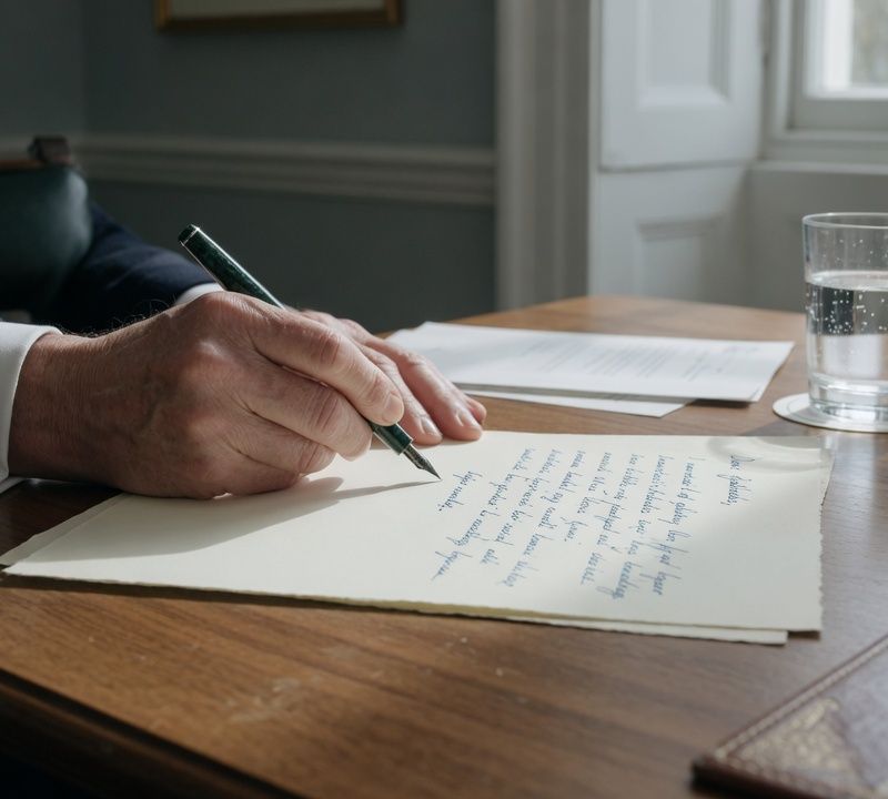 A hand writing a letter with a fountain pen on laid paper, wooden desk, soft natural window light, muted desaturated tones, editorial still life photography Market: UK, premium positioning. Visual conventions: quiet London boardrooms and private members' dining rooms with walnut tables and natural window light; senior British professionals in understated business dress, candid mid-conversation moments; editorial still lifes: handwritten letters, fountain pens, a glass of water on a boardroom table; London streets in soft daylight, muted and slightly desaturated. Avoid: stock handshakes and people pointing at laptops, night skylines, abstract network graphics, robots or AI iconography, passports, flags, loud colours or luxury-travel styling. Style: candid editorial photography in muted, slightly desaturated colour with natural light; private-bank restraint.