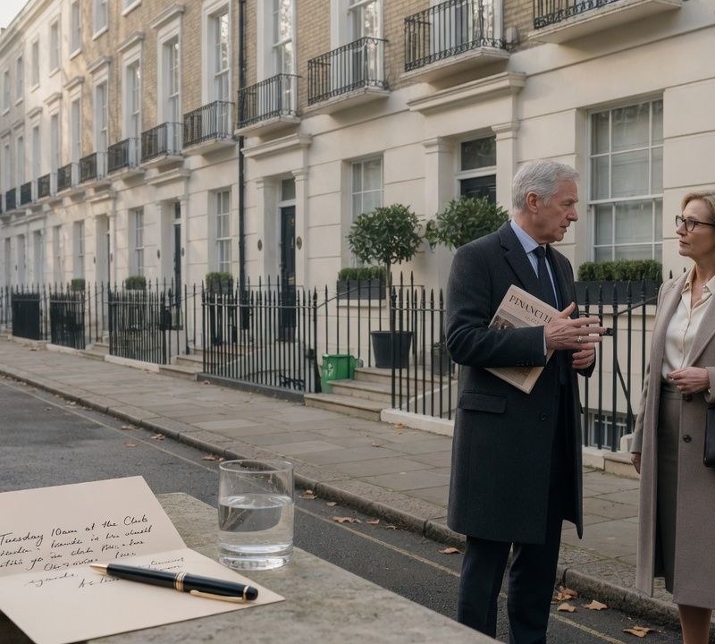 A quiet London residential street in soft morning light, Georgian terraces, muted desaturated colour, editorial photography Market: UK, premium positioning. Visual conventions: quiet London boardrooms and private members' dining rooms with walnut tables and natural window light; senior British professionals in understated business dress, candid mid-conversation moments; editorial still lifes: handwritten letters, fountain pens, a glass of water on a boardroom table; London streets in soft daylight, muted and slightly desaturated. Avoid: stock handshakes and people pointing at laptops, night skylines, abstract network graphics, robots or AI iconography, passports, flags, loud colours or luxury-travel styling. Style: candid editorial photography in muted, slightly desaturated colour with natural light; private-bank restraint.