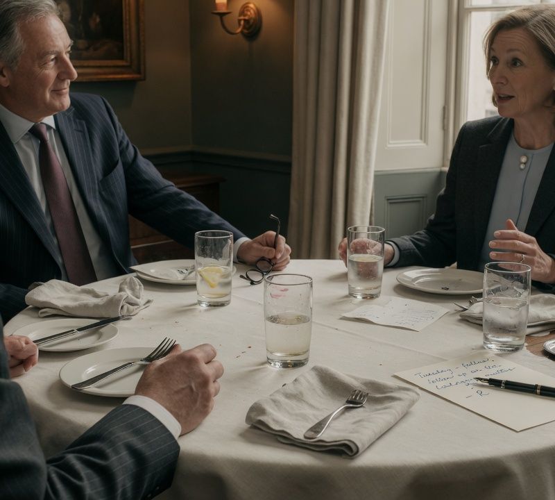 A small round dining table after a private dinner, linen napkins and water glasses, low warm light, muted desaturated colour, candid editorial photography Market: UK, premium positioning. Visual conventions: quiet London boardrooms and private members' dining rooms with walnut tables and natural window light; senior British professionals in understated business dress, candid mid-conversation moments; editorial still lifes: handwritten letters, fountain pens, a glass of water on a boardroom table; London streets in soft daylight, muted and slightly desaturated. Avoid: stock handshakes and people pointing at laptops, night skylines, abstract network graphics, robots or AI iconography, passports, flags, loud colours or luxury-travel styling. Style: candid editorial photography in muted, slightly desaturated colour with natural light; private-bank restraint.