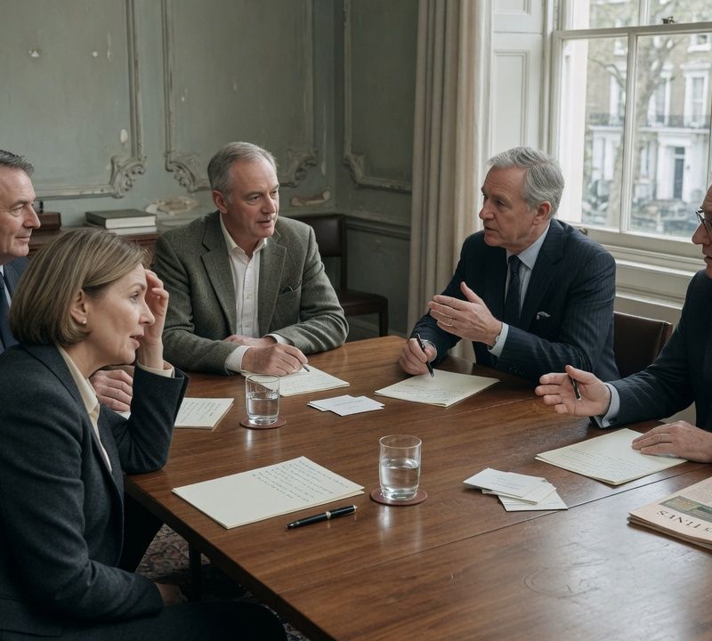Senior professionals mid-conversation around a walnut boardroom table in a quiet London townhouse meeting room, soft natural window light, muted slightly desaturated colour, candid editorial photography Market: UK, premium positioning. Visual conventions: quiet London boardrooms and private members' dining rooms with walnut tables and natural window light; senior British professionals in understated business dress, candid mid-conversation moments; editorial still lifes: handwritten letters, fountain pens, a glass of water on a boardroom table; London streets in soft daylight, muted and slightly desaturated. Avoid: stock handshakes and people pointing at laptops, night skylines, abstract network graphics, robots or AI iconography, passports, flags, loud colours or luxury-travel styling. Style: candid editorial photography in muted, slightly desaturated colour with natural light; private-bank restraint.