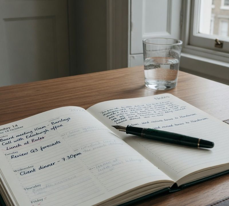 An open desk diary showing a single working week, a fountain pen resting on the page, wooden desk, muted slightly desaturated tones, soft natural window light, editorial still life photography Market: UK, premium positioning. Visual conventions: quiet London boardrooms with walnut tables and natural window light; senior British professionals in understated business dress, candid mid-conversation; editorial still lifes: desk diaries, fountain pens, laid paper, a glass of water on a boardroom table; London streets of brick townhouses in soft daylight, muted and slightly desaturated. Avoid: stock handshakes and people pointing at laptops, night skylines and abstract network graphics, loud colours or luxury-travel styling. Style: candid editorial photography in muted, slightly desaturated colour with natural light; private-bank restraint.