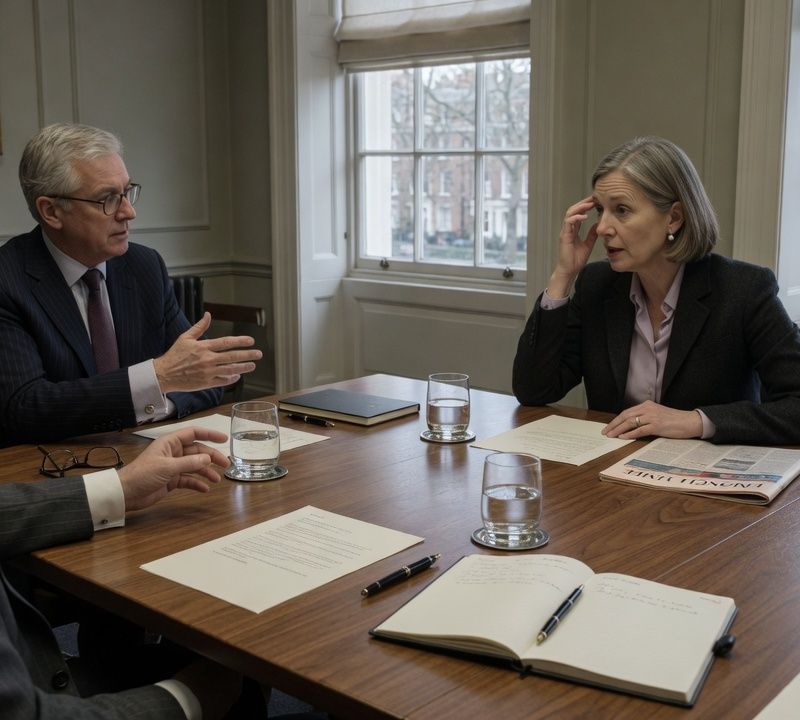 A quiet boardroom table set for a small private meeting, papers and water glasses on a walnut table, muted slightly desaturated colour, soft natural window light, candid editorial photography Market: UK, premium positioning. Visual conventions: quiet London boardrooms with walnut tables and natural window light; senior British professionals in understated business dress, candid mid-conversation; editorial still lifes: desk diaries, fountain pens, laid paper, a glass of water on a boardroom table; London streets of brick townhouses in soft daylight, muted and slightly desaturated. Avoid: stock handshakes and people pointing at laptops, night skylines and abstract network graphics, loud colours or luxury-travel styling. Style: candid editorial photography in muted, slightly desaturated colour with natural light; private-bank restraint.