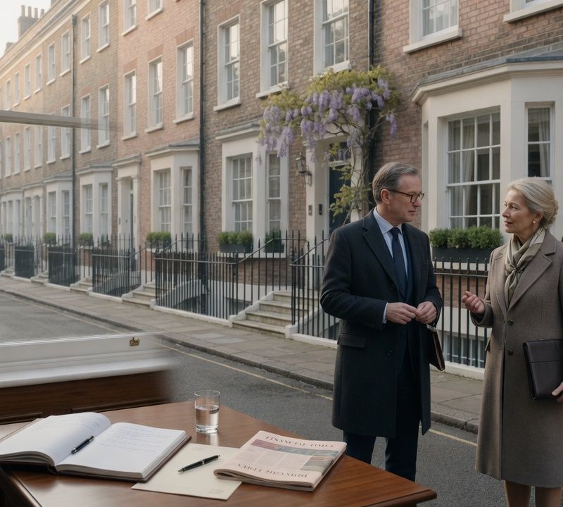 A quiet London street of brick townhouses in soft morning light, muted slightly desaturated colour, editorial photography Market: UK, premium positioning. Visual conventions: quiet London boardrooms with walnut tables and natural window light; senior British professionals in understated business dress, candid mid-conversation; editorial still lifes: desk diaries, fountain pens, laid paper, a glass of water on a boardroom table; London streets of brick townhouses in soft daylight, muted and slightly desaturated. Avoid: stock handshakes and people pointing at laptops, night skylines and abstract network graphics, loud colours or luxury-travel styling. Style: candid editorial photography in muted, slightly desaturated colour with natural light; private-bank restraint.