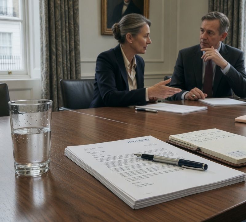 A glass of water on a boardroom table beside a neat stack of printed papers, muted slightly desaturated tones, soft natural light, editorial still life photography Market: UK, premium positioning. Visual conventions: quiet London boardrooms with walnut tables and natural window light; senior British professionals in understated business dress, candid mid-conversation; editorial still lifes: desk diaries, fountain pens, laid paper, a glass of water on a boardroom table; London streets of brick townhouses in soft daylight, muted and slightly desaturated. Avoid: stock handshakes and people pointing at laptops, night skylines and abstract network graphics, loud colours or luxury-travel styling. Style: candid editorial photography in muted, slightly desaturated colour with natural light; private-bank restraint.