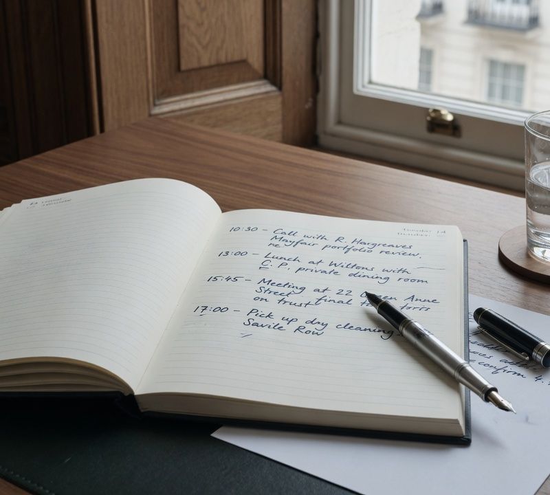 An open paper desk diary with appointments written in ink, a fountain pen resting on the page, walnut desk, soft natural window light, muted slightly desaturated editorial still-life photography Market: UK, premium positioning. Visual conventions: quiet London boardrooms and private dining rooms with walnut tables and natural window light; editorial still lifes: a paper desk diary, handwritten notes in ink, fountain pens, a glass of water on a boardroom table; London mews streets and Georgian terraces in soft daylight, muted and slightly desaturated; senior British professionals in understated business dress, candid mid-conversation moments. Avoid: stock handshakes and people pointing at laptops, night skylines, abstract network graphics, robots or AI iconography, loud colours, luxury-travel styling, passports or flags. Style: candid editorial photography in muted, slightly desaturated colour with natural light; private-bank restraint.