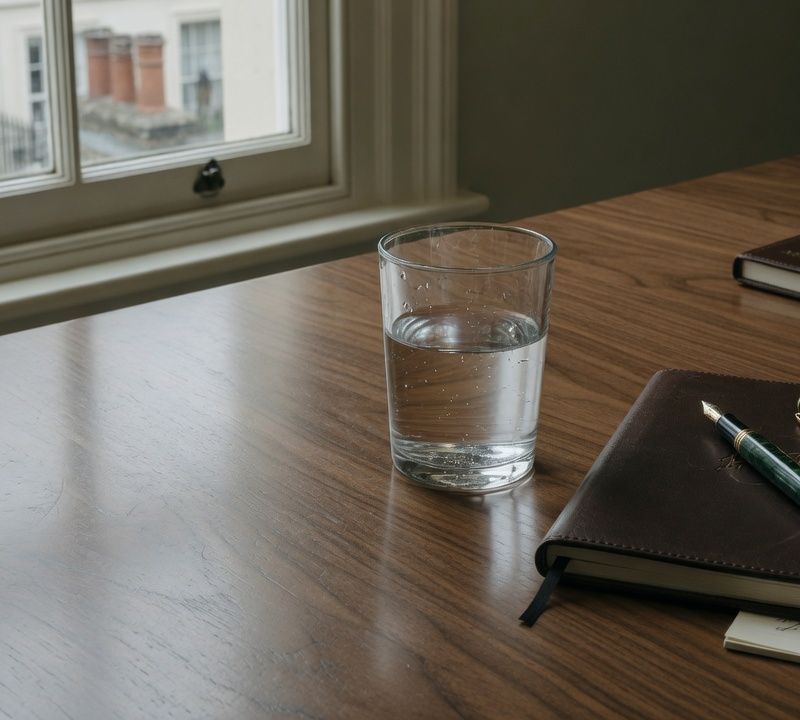 A glass of still water on a polished walnut boardroom table beside a closed leather notebook and a fountain pen, soft natural window light, muted slightly desaturated tones, editorial still-life photography Market: UK, premium positioning. Visual conventions: quiet London boardrooms and private dining rooms with walnut tables and natural window light; editorial still lifes: a paper desk diary, handwritten notes in ink, fountain pens, a glass of water on a boardroom table; London mews streets and Georgian terraces in soft daylight, muted and slightly desaturated; senior British professionals in understated business dress, candid mid-conversation moments. Avoid: stock handshakes and people pointing at laptops, night skylines, abstract network graphics, robots or AI iconography, loud colours, luxury-travel styling, passports or flags. Style: candid editorial photography in muted, slightly desaturated colour with natural light; private-bank restraint.