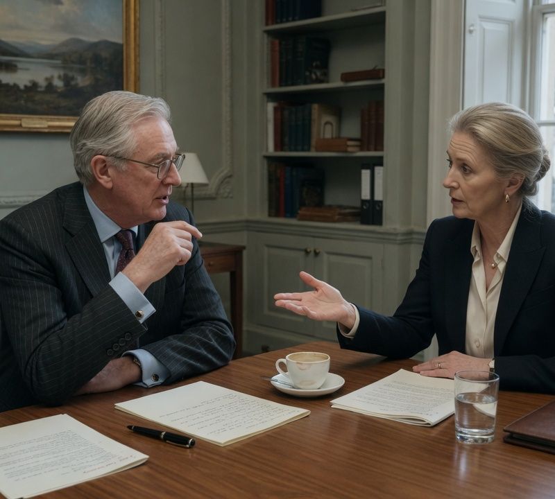 Two senior professionals in quiet conversation across a walnut table in a London meeting room, muted slightly desaturated colour, soft natural window light, candid editorial photography, private-bank restraint Market: UK, premium positioning. Visual conventions: quiet London meeting rooms and private dining rooms with walnut tables and natural window light; senior British professionals in understated business dress, candid mid-conversation moments; editorial still lifes: handwritten letters, fountain pens, espresso cups, a glass of water on a boardroom table; London streets of Georgian townhouses in soft daylight, muted and slightly desaturated. Avoid: stock handshakes and people pointing at laptops, night skylines, abstract network graphics, robots or AI iconography, loud colours, luxury-travel styling, flags. Style: candid editorial photography in muted, slightly desaturated colour with natural light; private-bank restraint.