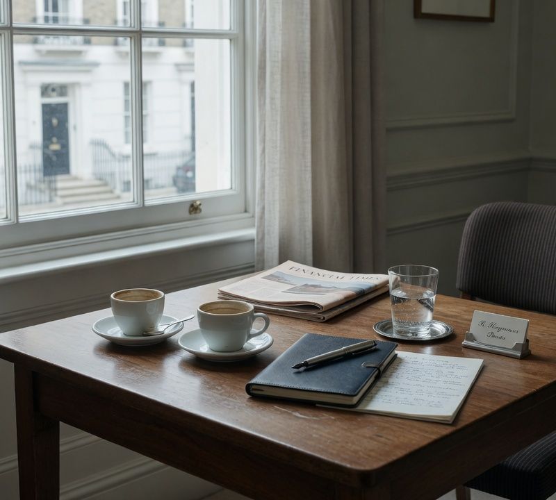 A small café table with two espresso cups and a closed notebook, muted slightly desaturated tones, soft natural window light, editorial still life photography Market: UK, premium positioning. Visual conventions: quiet London meeting rooms and private dining rooms with walnut tables and natural window light; senior British professionals in understated business dress, candid mid-conversation moments; editorial still lifes: handwritten letters, fountain pens, espresso cups, a glass of water on a boardroom table; London streets of Georgian townhouses in soft daylight, muted and slightly desaturated. Avoid: stock handshakes and people pointing at laptops, night skylines, abstract network graphics, robots or AI iconography, loud colours, luxury-travel styling, flags. Style: candid editorial photography in muted, slightly desaturated colour with natural light; private-bank restraint.