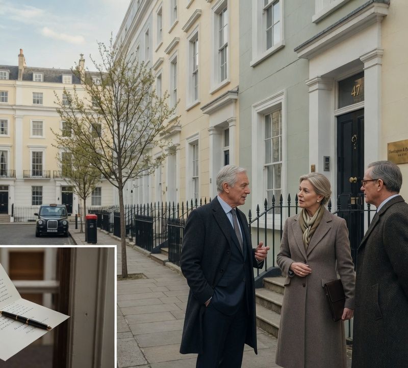 A quiet London street of Georgian townhouses in soft daylight, muted slightly desaturated colour, editorial photography Market: UK, premium positioning. Visual conventions: quiet London meeting rooms and private dining rooms with walnut tables and natural window light; senior British professionals in understated business dress, candid mid-conversation moments; editorial still lifes: handwritten letters, fountain pens, espresso cups, a glass of water on a boardroom table; London streets of Georgian townhouses in soft daylight, muted and slightly desaturated. Avoid: stock handshakes and people pointing at laptops, night skylines, abstract network graphics, robots or AI iconography, loud colours, luxury-travel styling, flags. Style: candid editorial photography in muted, slightly desaturated colour with natural light; private-bank restraint.