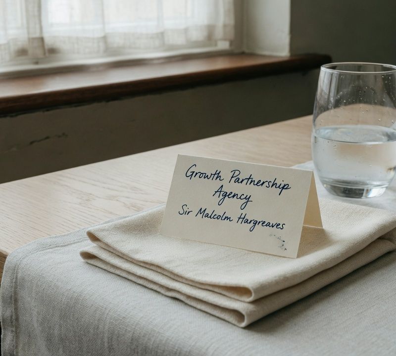A handwritten place card resting on a linen napkin beside a water glass on a wooden table, soft natural window light, muted slightly desaturated tones, editorial still life photography BRAND NAME: The exact business name is "Growth Partnership Agency". Any text shown on vehicles, signage, uniforms, business cards, or branded items MUST read exactly "Growth Partnership Agency" — no variations, abbreviations, or creative spelling. Market: UK, premium positioning. Visual conventions: quiet London private dining rooms and boardrooms with linen cloths and natural window light; senior British professionals in understated business dress, candid mid-conversation moments; editorial still lifes: handwritten place cards, water glasses, laid tables; muted, slightly desaturated colour with soft daylight throughout. Avoid: stock handshakes and people pointing at laptops, night skylines and abstract network graphics, luxury-venue or travel-brand styling. Style: candid editorial photography in muted, slightly desaturated colour with natural light; private-bank restraint.