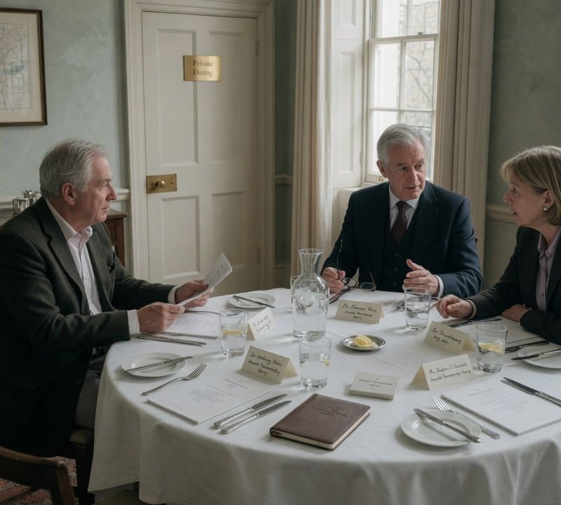 A small private dining room in a quiet London townhouse prepared for an intimate business dinner: a round table with a linen cloth, water glasses and handwritten place cards, soft window light, muted slightly desaturated tones, candid editorial photography BRAND NAME: The exact business name is "Growth Partnership Agency". Any text shown on vehicles, signage, uniforms, business cards, or branded items MUST read exactly "Growth Partnership Agency" — no variations, abbreviations, or creative spelling. Market: UK, premium positioning. Visual conventions: quiet London private dining rooms and boardrooms with linen cloths and natural window light; senior British professionals in understated business dress, candid mid-conversation moments; editorial still lifes: handwritten place cards, water glasses, laid tables; muted, slightly desaturated colour with soft daylight throughout. Avoid: stock handshakes and people pointing at laptops, night skylines and abstract network graphics, luxury-venue or travel-brand styling. Style: candid editorial photography in muted, slightly desaturated colour with natural light; private-bank restraint.