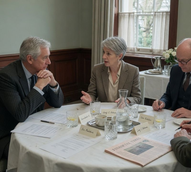 Senior professionals in quiet conversation around a small boardroom table, papers and water glasses on the table, soft natural daylight, muted slightly desaturated colour, candid editorial photography Market: UK, premium positioning. Visual conventions: quiet London private dining rooms and boardrooms with linen cloths and natural window light; senior British professionals in understated business dress, candid mid-conversation moments; editorial still lifes: handwritten place cards, water glasses, laid tables; muted, slightly desaturated colour with soft daylight throughout. Avoid: stock handshakes and people pointing at laptops, night skylines and abstract network graphics, luxury-venue or travel-brand styling. Style: candid editorial photography in muted, slightly desaturated colour with natural light; private-bank restraint.