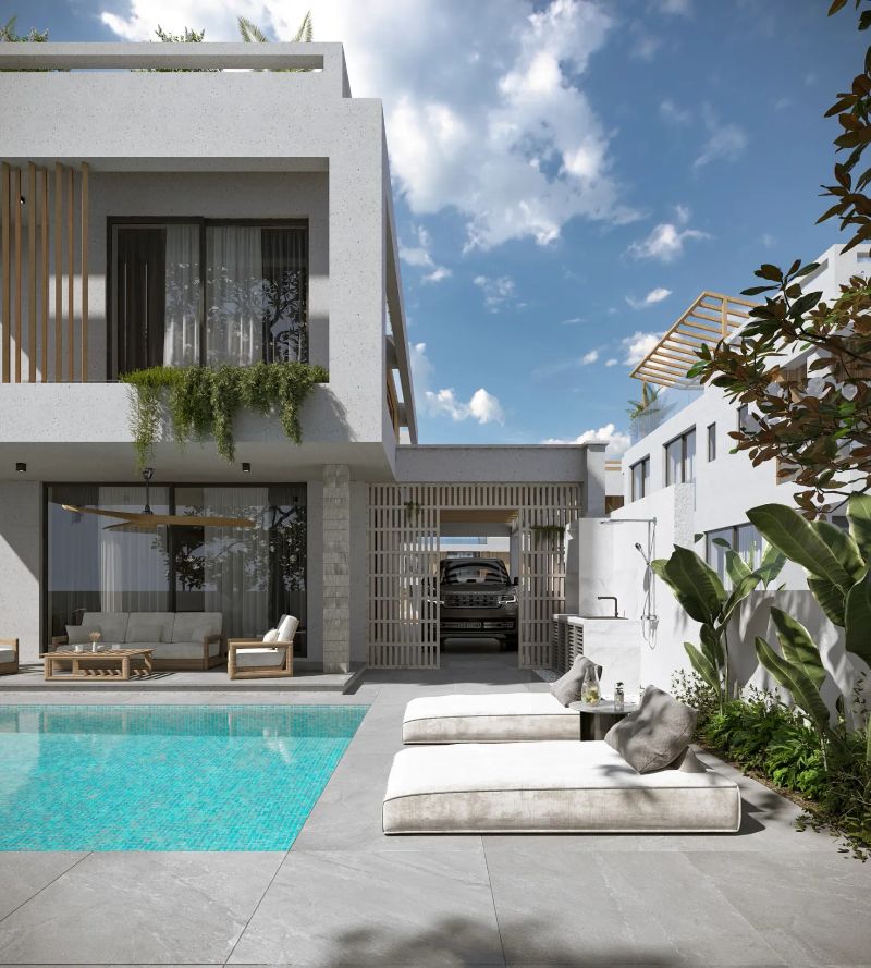 Modern concrete villa with private swimming pool and lounge chairs in Paralimni, Cyprus