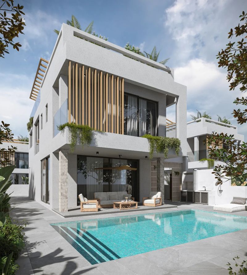 Modern villa in Cyprus with private swimming pool and outdoor seating area
